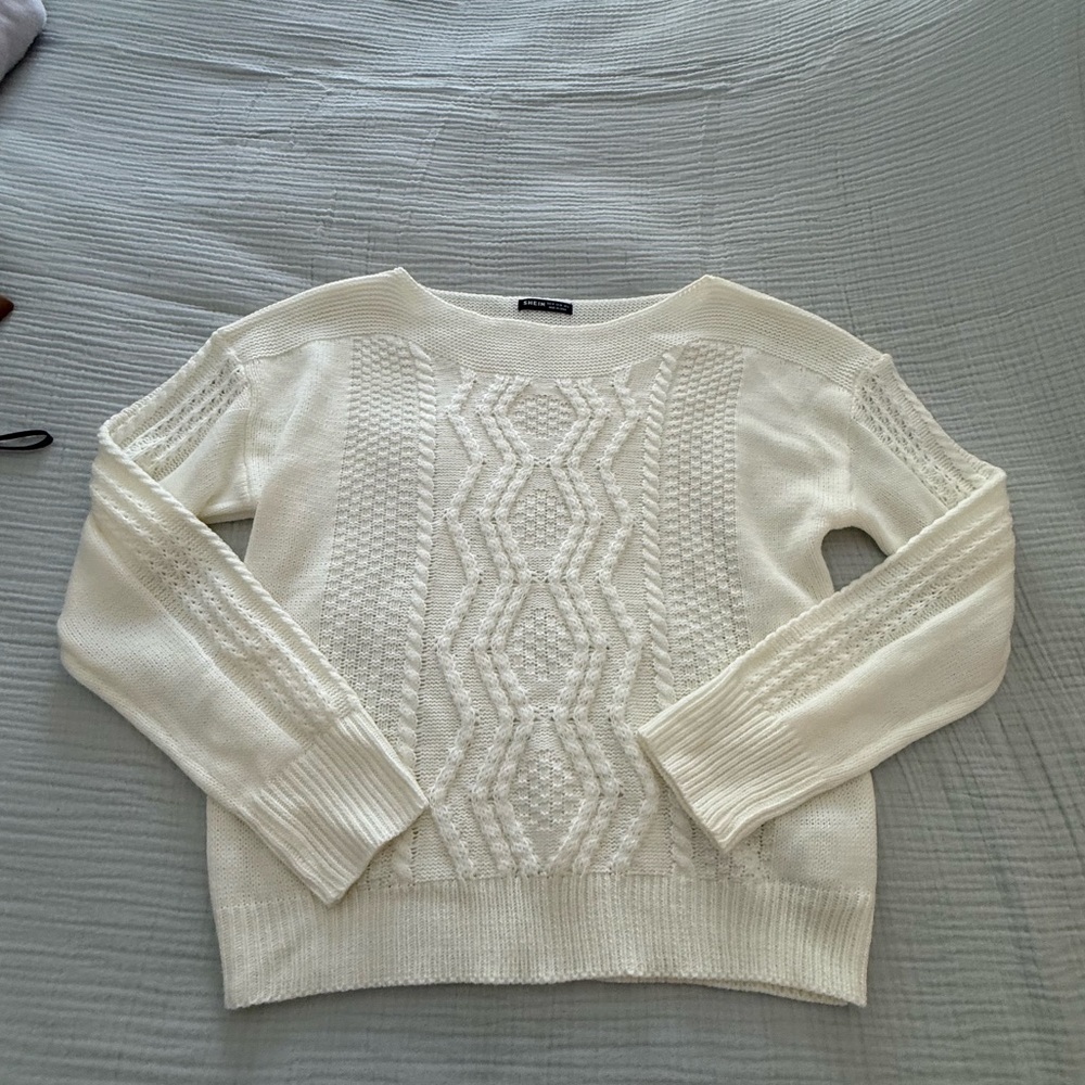 SHEIN Cream Cable Knit Scoop Neck Sweater